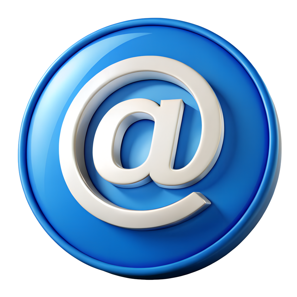 3D Render of Shiny Blue Email Symbol At Sign Icon Contact Us Button Web Communication Internet png