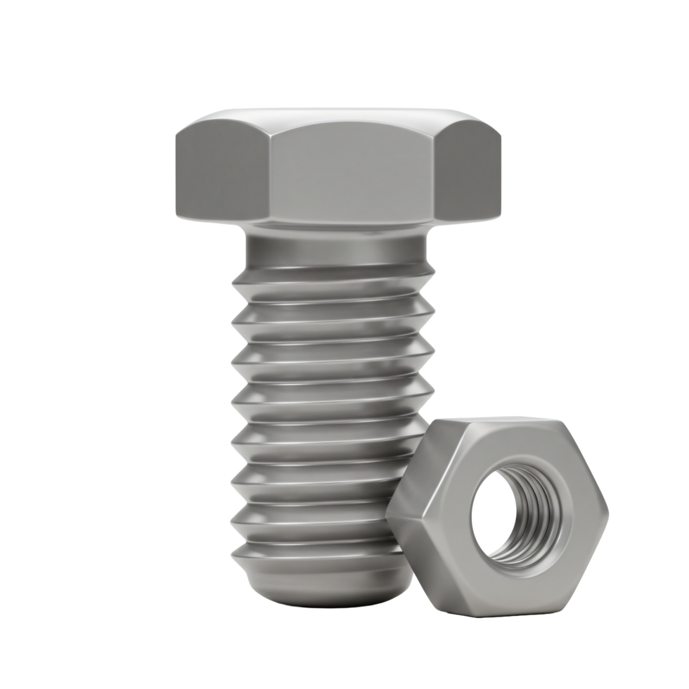 High Resolution 3D Render of a Metal Bolt and Nut Close Up View Industrial Hardware png
