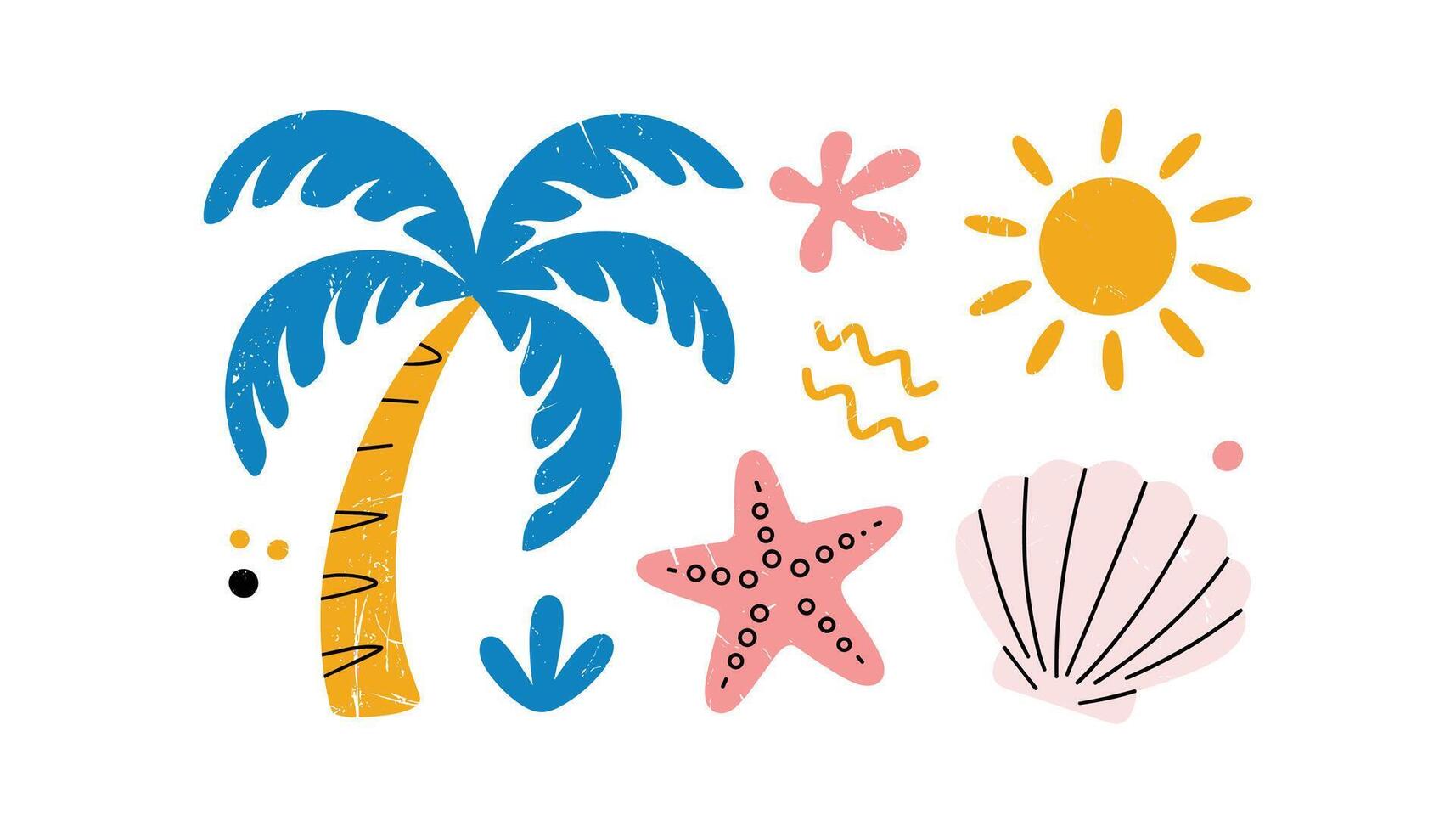 Colorful Summer Beach Elements Palm Tree, Sun, Starfish and Shell vector