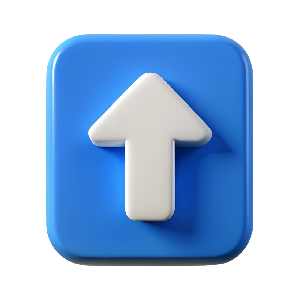 3D Render of a Blue Square Button with White Up Arrow Upload Icon Digital Interface Element png