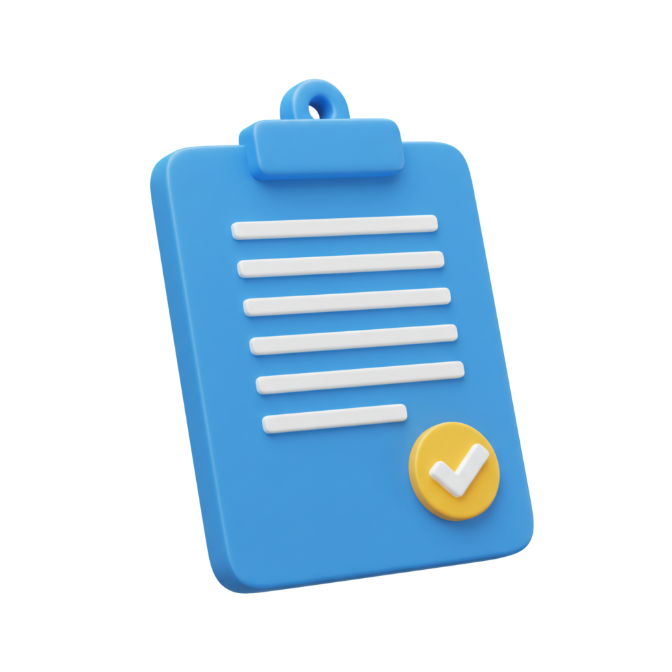 3D Render of a Blue Checklist Clipboard Icon with Checkmark Successful Task Completion Digital png