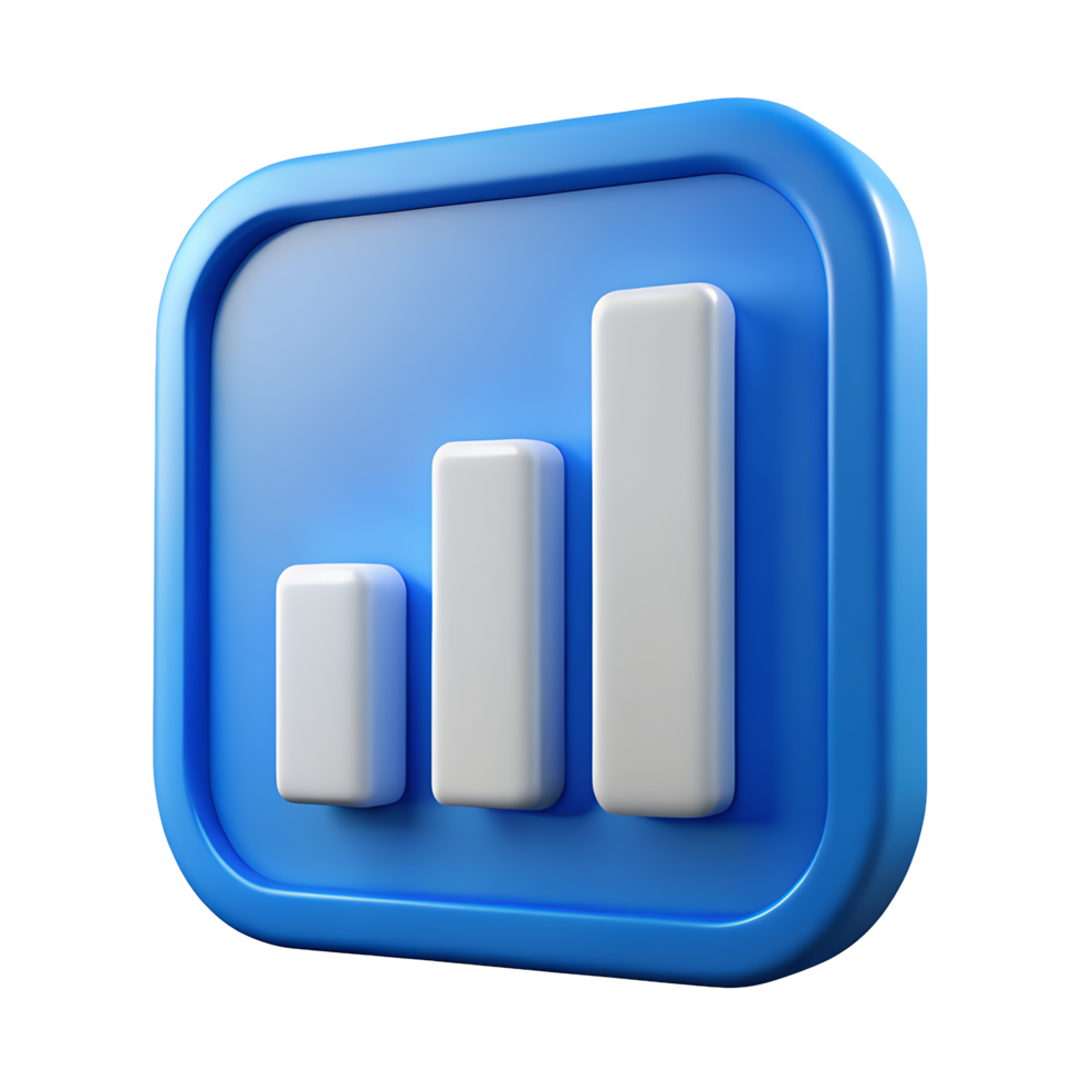 3D Render of Blue Square App Icon with White Ascending Bar Graph Representing Growth and Progress png