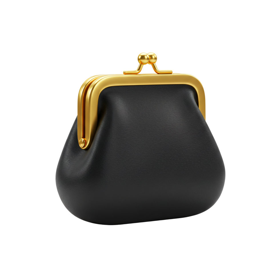 Elegant Black Leather Coin Purse with Gold Frame Classic Vintage Style Small Wallet png