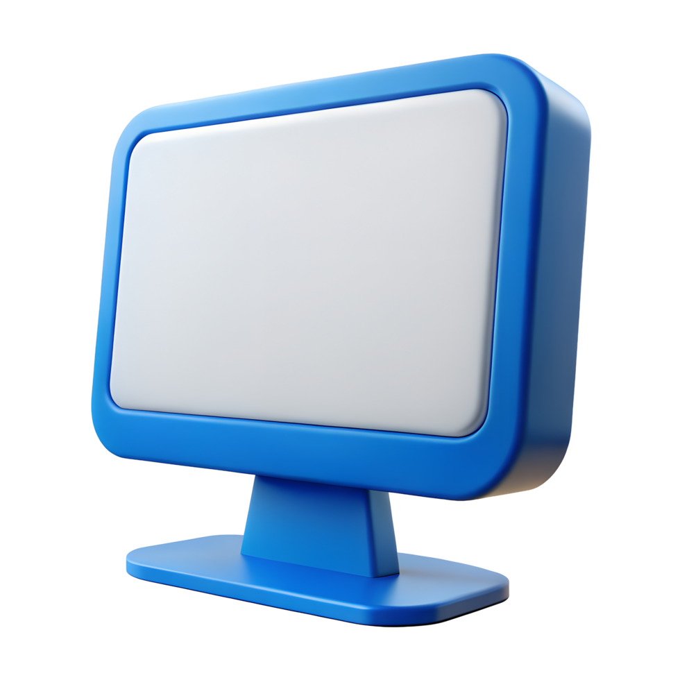 Blue Cartoon Computer Monitor with Blank Screen 3D Render Digital Technology Icon Gadget png