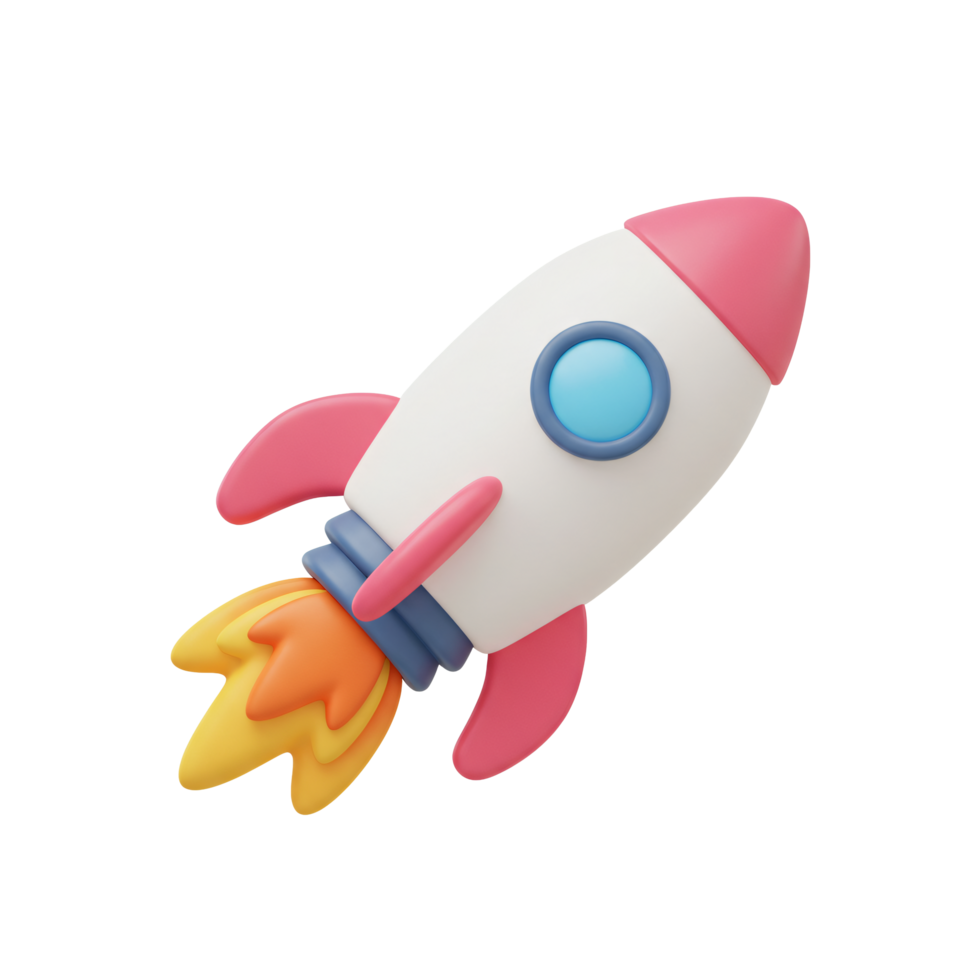 Colorful Cartoon Rocket Ship Launching 3D Render Startup Success Innovation png