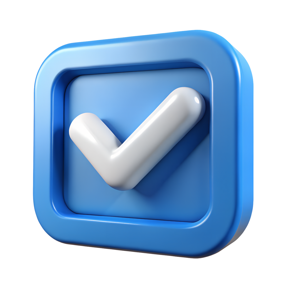 3D Render of a Blue Check Mark Icon in a Square Approved Confirmation Success Symbol png