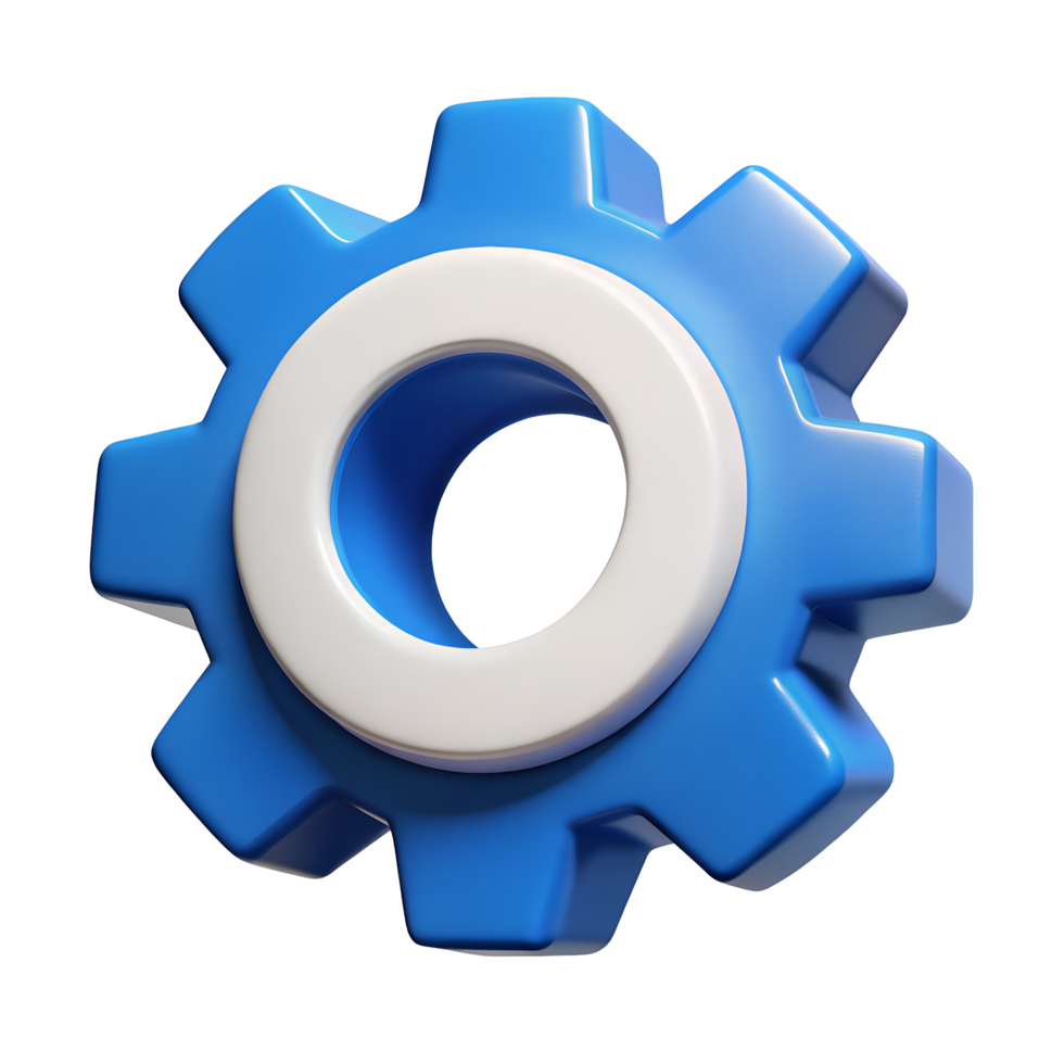 3D Render of Blue and White Cogwheel Gear Mechanism Icon Settings Symbol Engineering Technology png