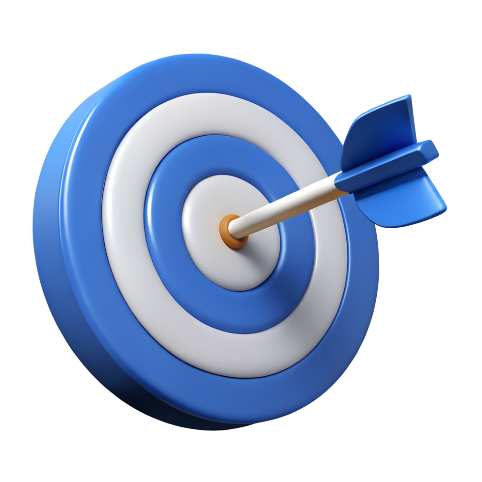 Bullseye Target Blue and White Dart Hitting the Center Achieving Success Goal Achievement 3D Render png