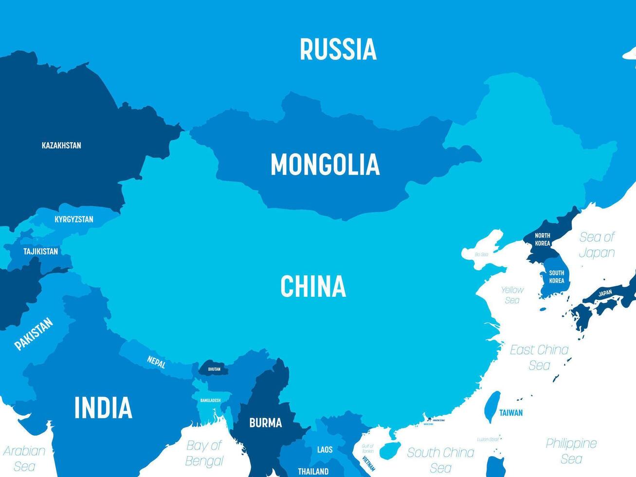 China map - green hue colored on dark background. High detailed political map of China and neighboring countries with country, capital, ocean and sea names labeling. vector