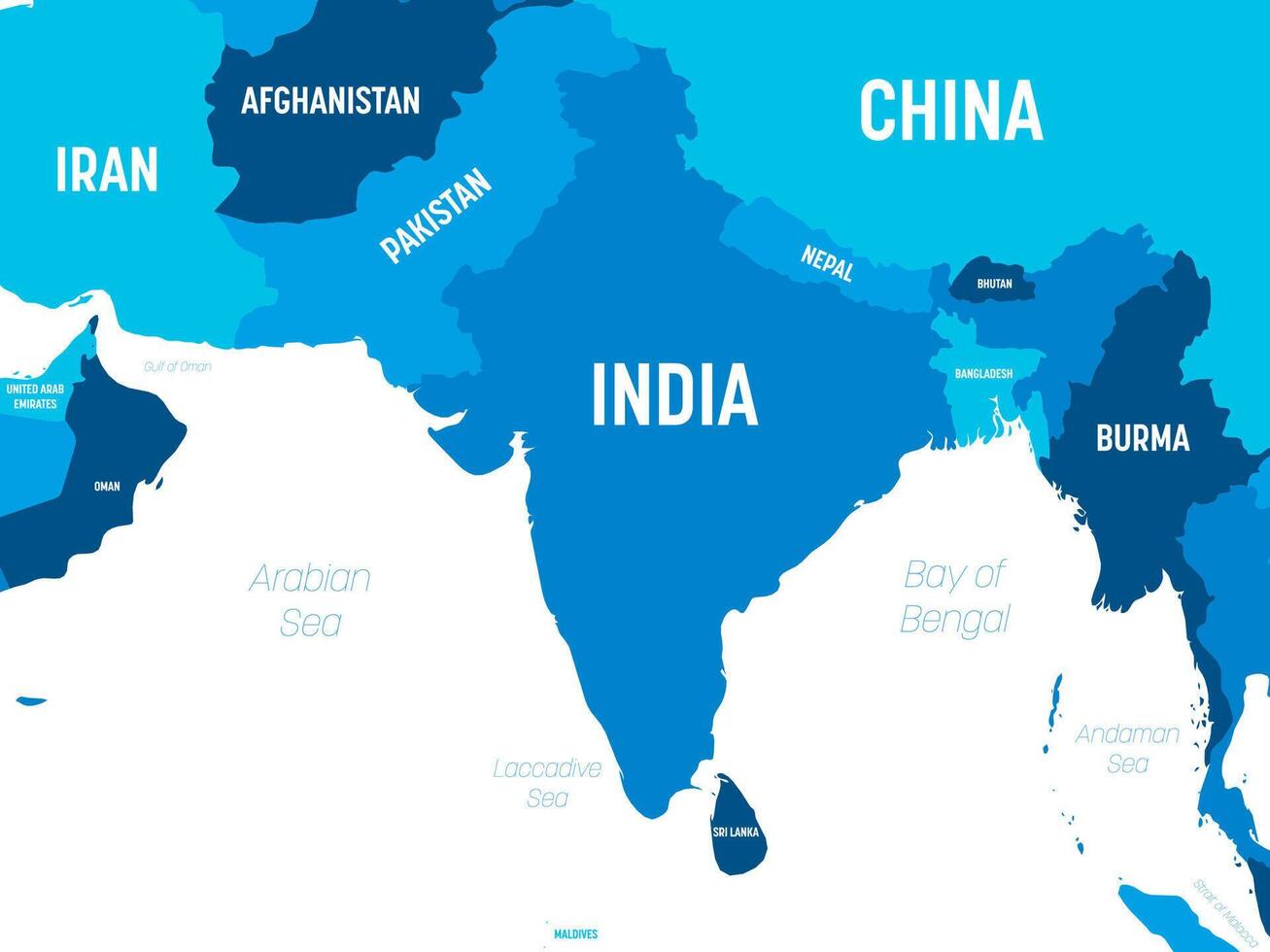 South Asia map - green hue colored on dark background. High detailed political map of southern asian region and Indian subcontinent with country, capital, ocean and sea names labeling. vector