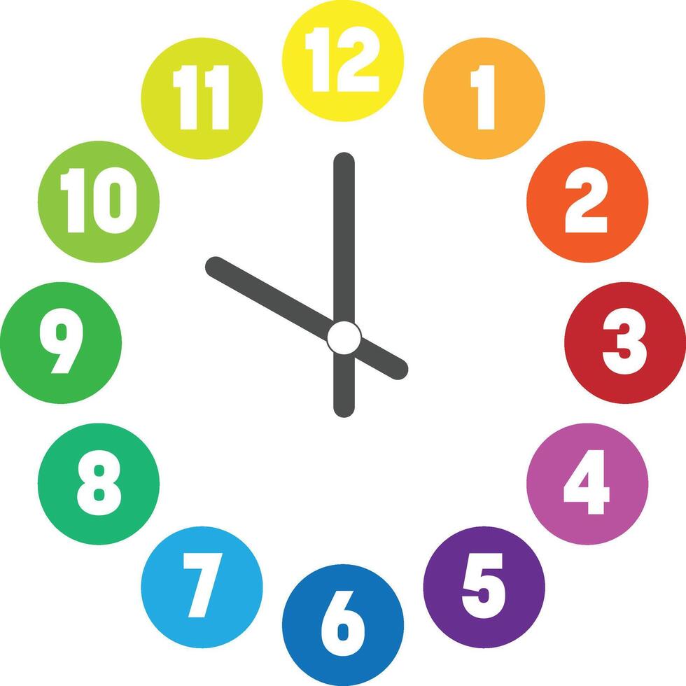 Colorful clock face. Hour dial with numbers in colored circles. Simple flat illustration. vector