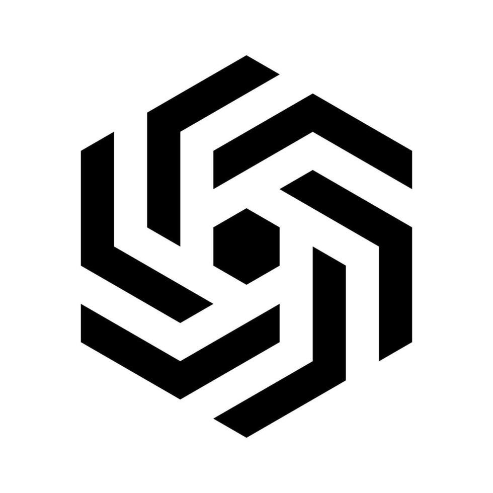 Abstract hexagonal vane design element of six arrow parts. Simple black logotype icon. vector