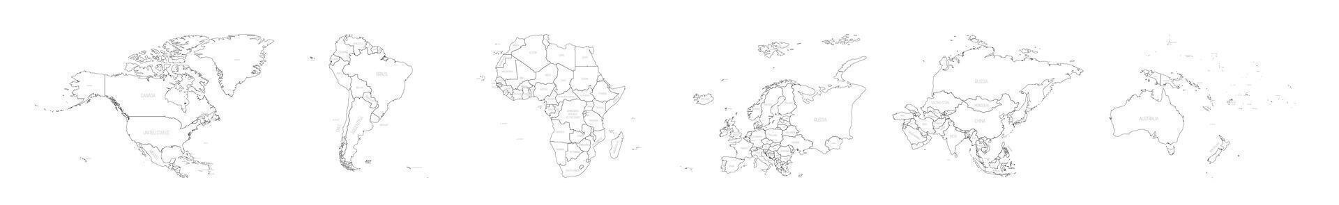 Set of six world continent maps in a row - North America, South America, Africa, Europe, Asia and Australia. Thin black outline map with country name labels vector