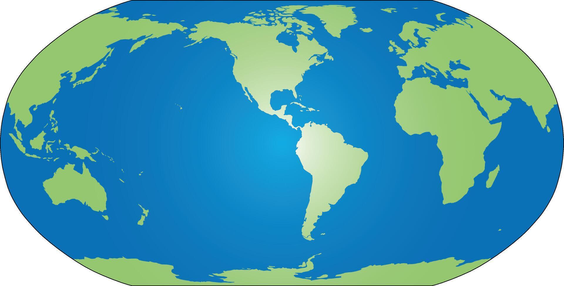 World map silhouette. Robinson Projection focused on Americas. Green continents and blue oceans. Simple flat map vector
