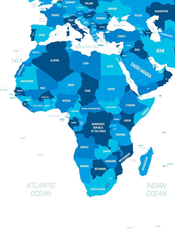 Africa map - green hue colored on dark background. High detailed political map of african continent with country, capital, ocean and sea names labeling. vector