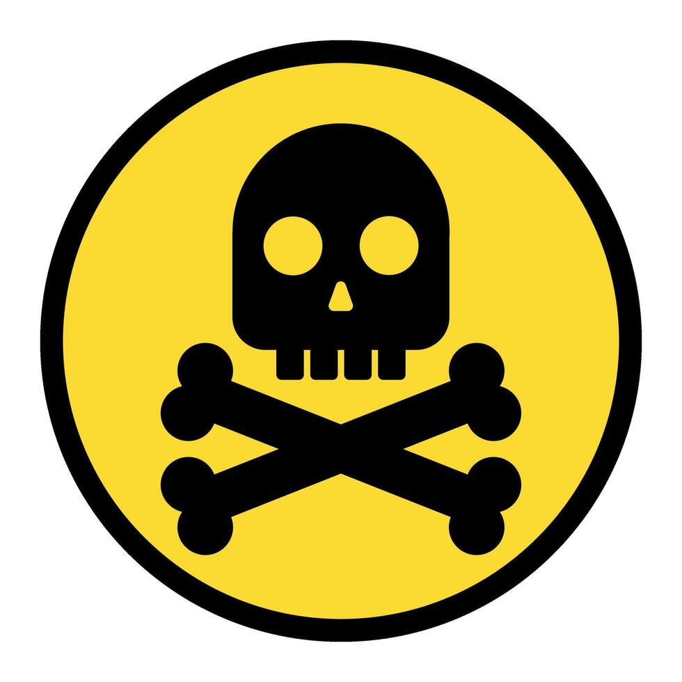 Black skull with crossed bones in yellow circle sign. Symbol of danger, death, poison, risk or pirates. Simple flat icon. vector