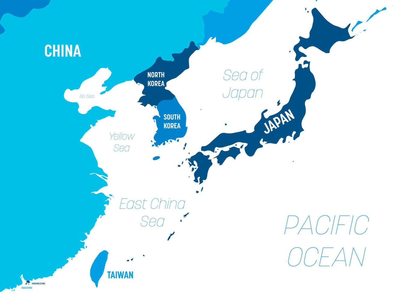 East Asia map - green hue colored on dark background. High detailed political map of eastern region with country, capital, ocean and sea names labeling. vector