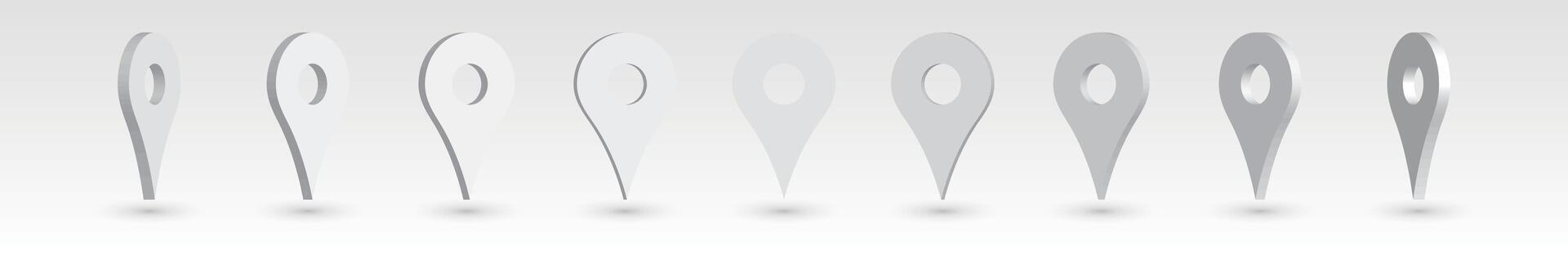 Set of 3D grey map pointers with dropped shadow. illustrated location mark. vector