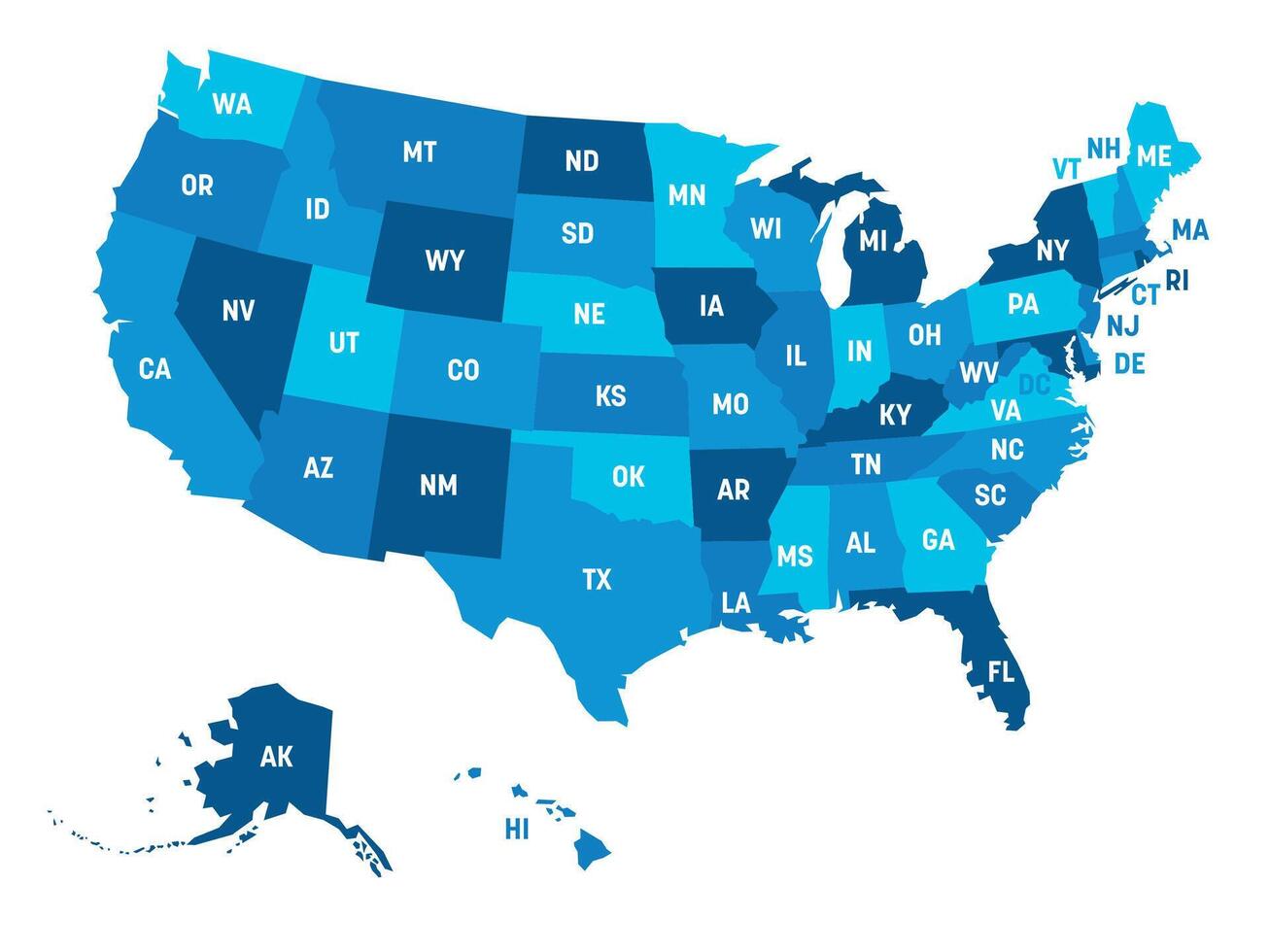 Map of USA, with state postal abbreviations. Simple flat illustration vector