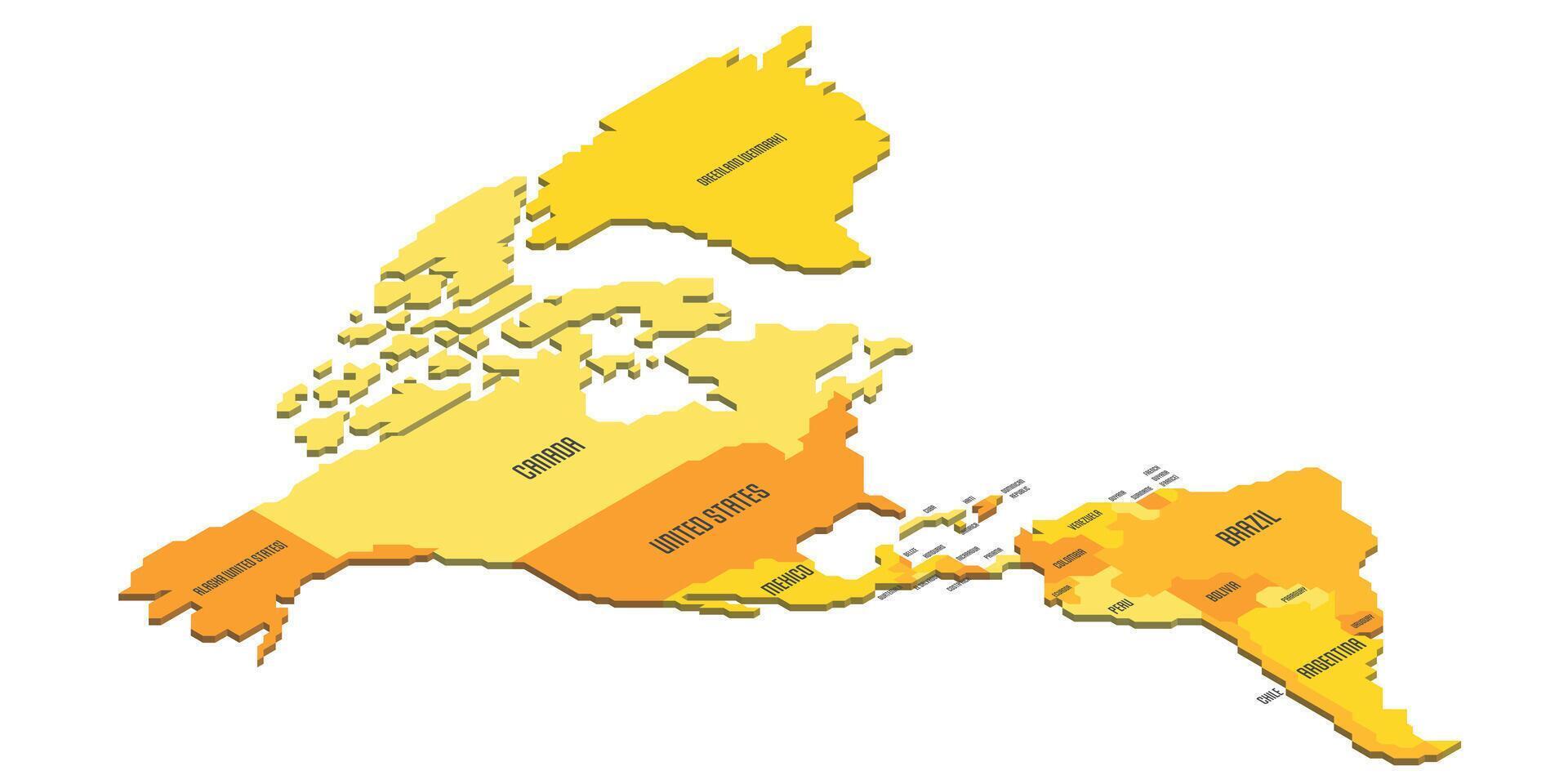 Isometric political map of Americas. Colorful land with country name labels on white background. 3D illustration vector