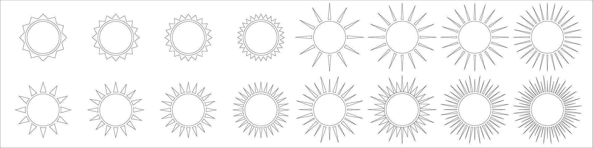 Set of simple icons of sun with a circular core and elongated spikes radiating outward. It is suitable for various design projects, showcasing warmth and brightness. vector