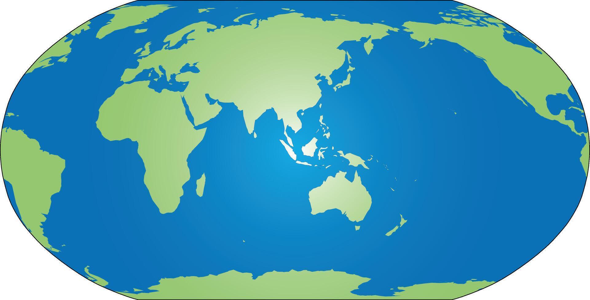 World map silhouette. Robinson Projection focused on Asia and Australia. Green continents and blue oceans. Simple flat map vector