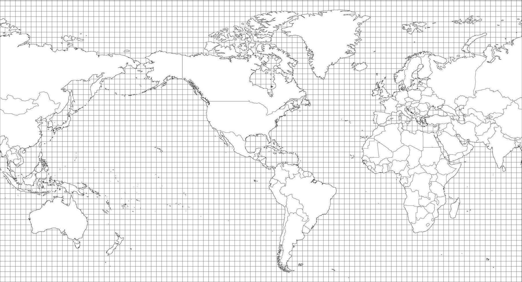 World map - America centered. Simple thin black outline blank map on squared background. High detailed political map of World. vector