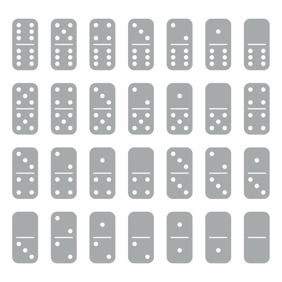 Domino set of 28 tiles. Grey pieces with white dots. Simple flat illustration. vector