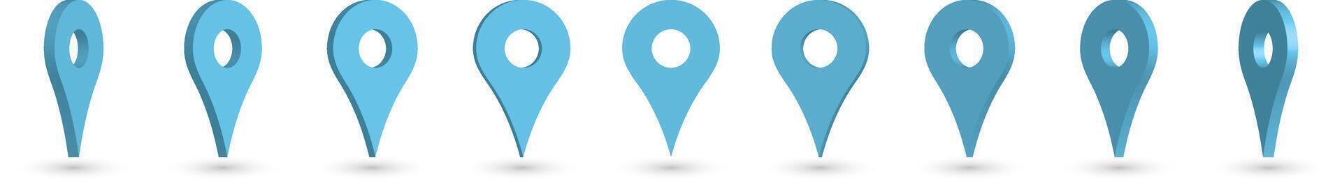 Set of 3D blue map pointers with dropped shadow. illustrated location mark. vector