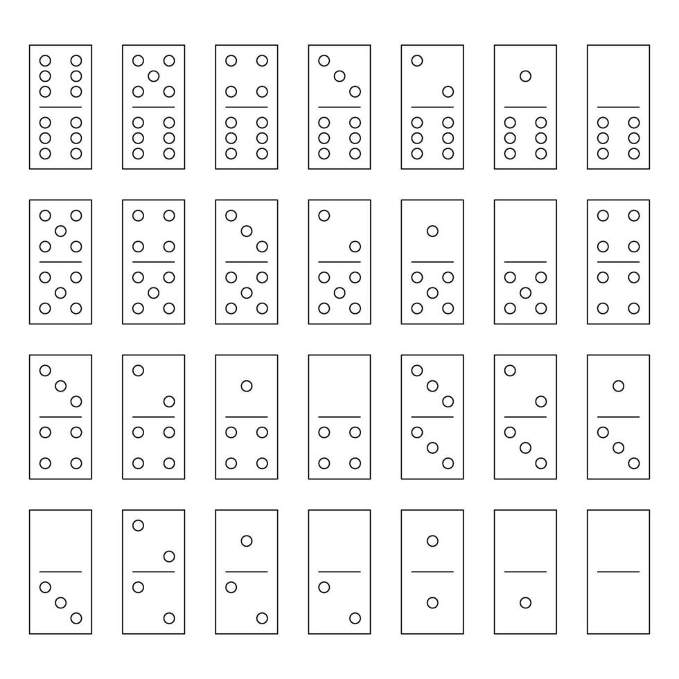 Domino set of 28 tiles. Thin black outline pieces with dots. Simple flat illustration. vector