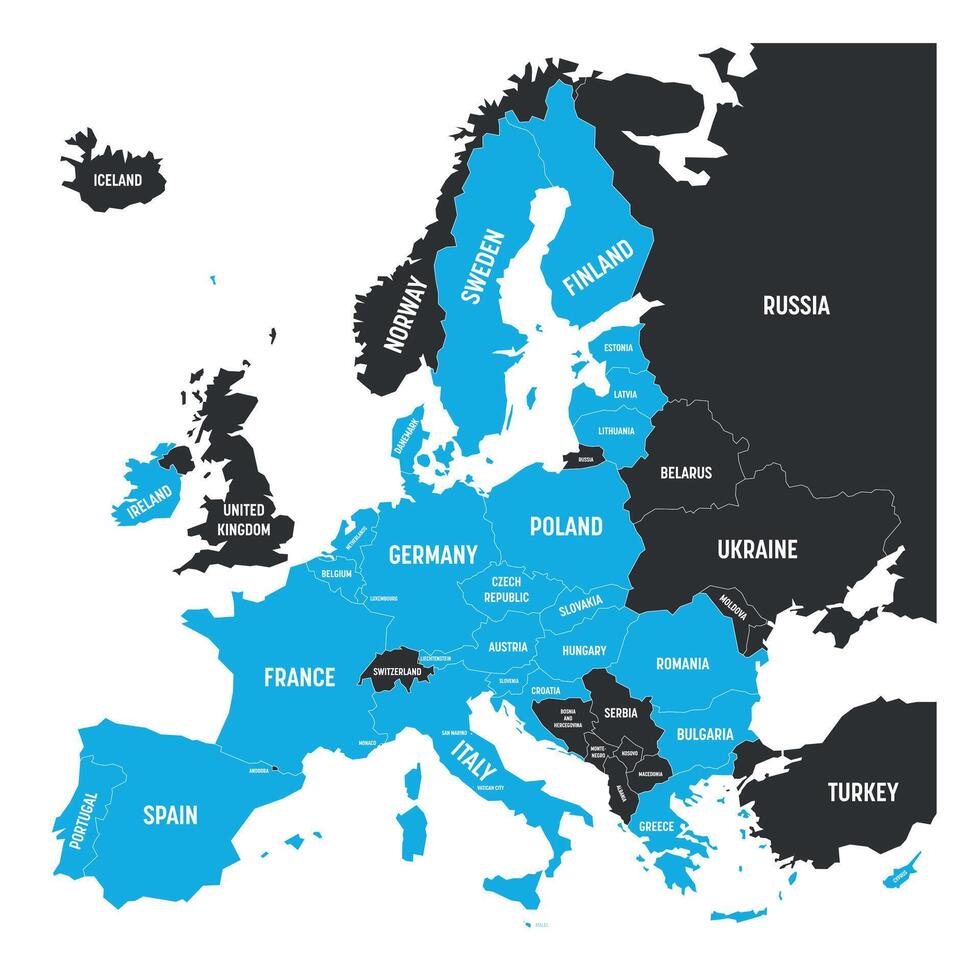 Political map of Europe with blue highlighted 27 European Union, EU, member states after brexit in 2020. Simple flat illustration. vector
