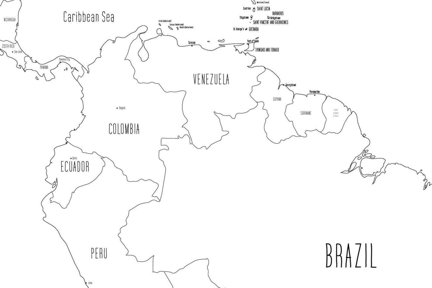 Map of Northern part of South America. Handdrawn doodle style. illustration. vector