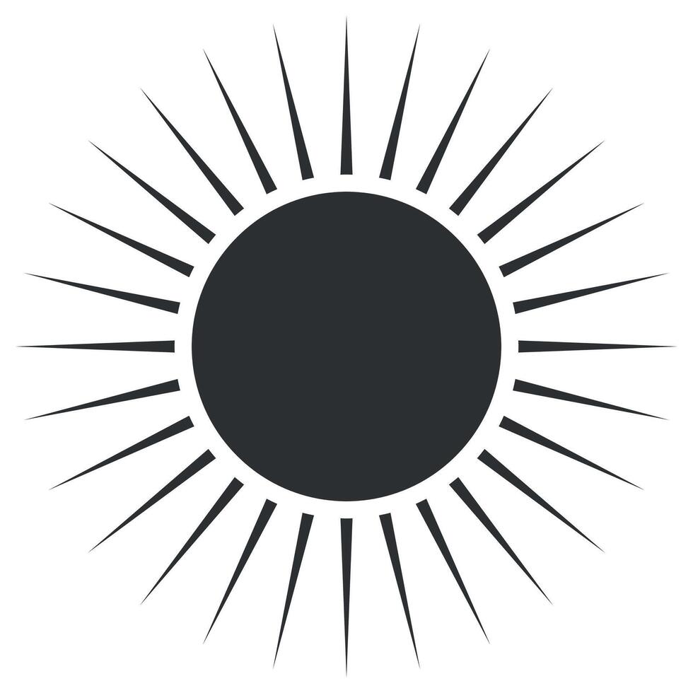 This sun icon features a solid central disk surrounded by long, pointed rays. It serves as a versatile graphic element for digital and print projects, symbolizing warmth and brightness. vector