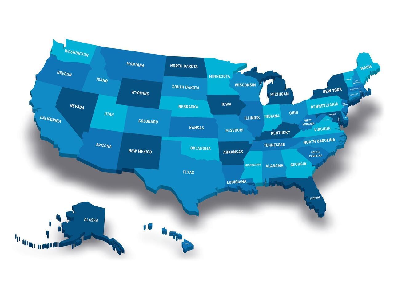 Map of United States of America, USA, with state postal abbreviations. 3D map with dropped shadow vector