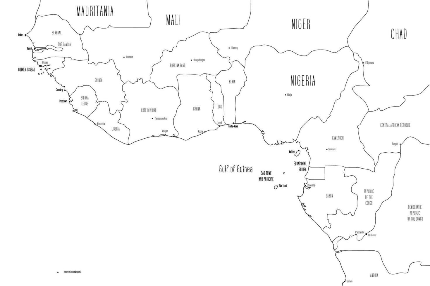 Map of Gulf of Guinea countries. Handdrawn doodle style. illustration. vector