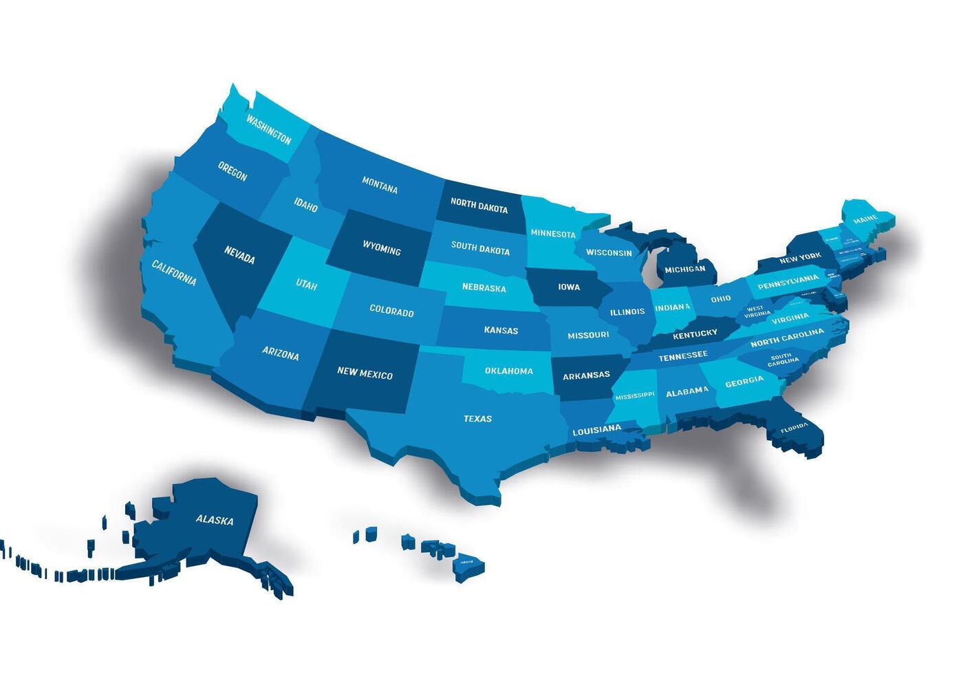 Map of United States of America, USA, with state postal abbreviations. 3D map with dropped shadow. vector