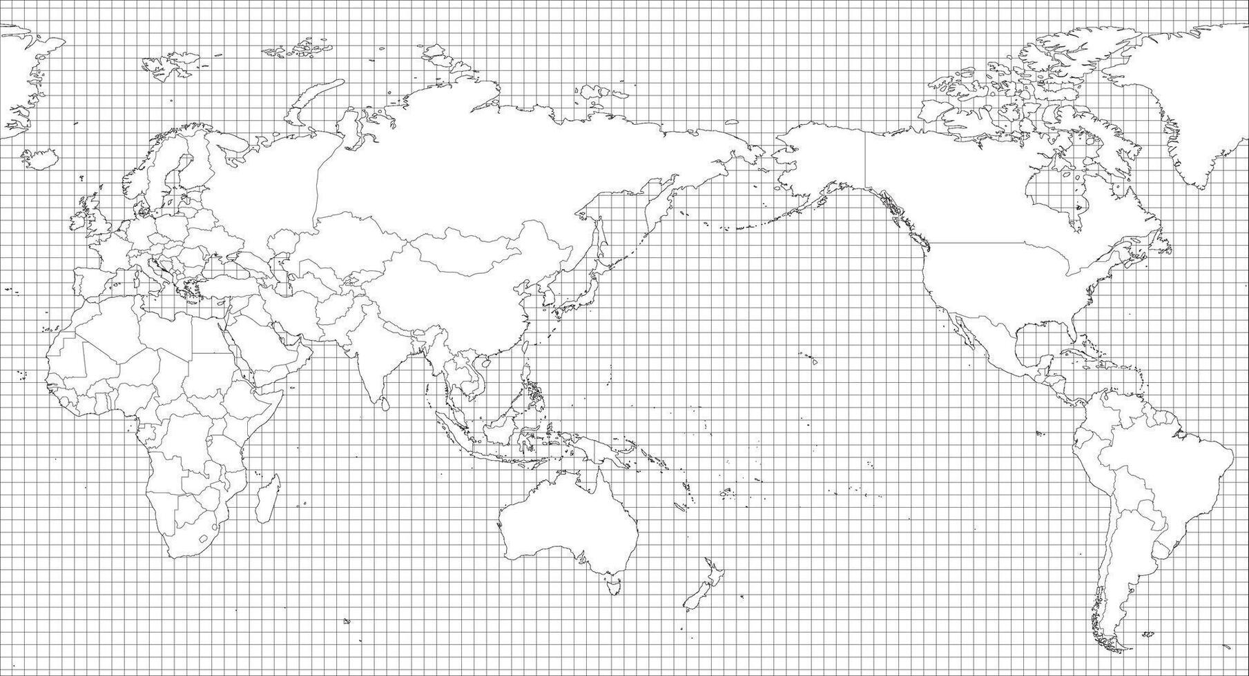 World map - Asia, Australia and Pacific Ocean centered. Simple thin black outline blank map on squared background. High detailed political map of World. vector