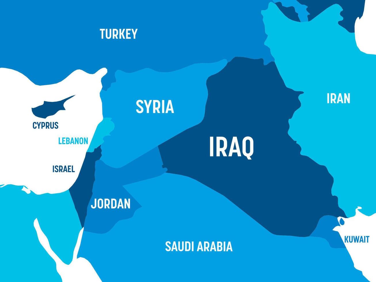 Middle East map - blue hue colored on dark background. High detailed political map of Middle East and Arabian Peninsula region with country, capital, ocean and sea names labeling. vector