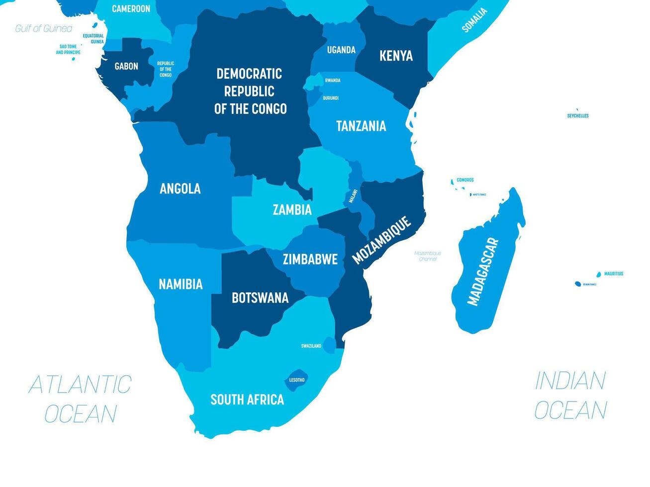 Southern Africa map - green hue colored on dark background. High detailed political map of southern african region with country, capital, ocean and sea names labeling. vector