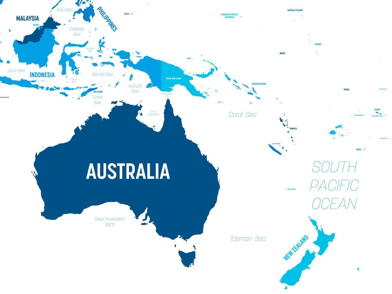 Australia and Oceania map - green hue colored on dark background. High detailed political map of australian and pacific region with country, capital, ocean and sea names labeling. vector