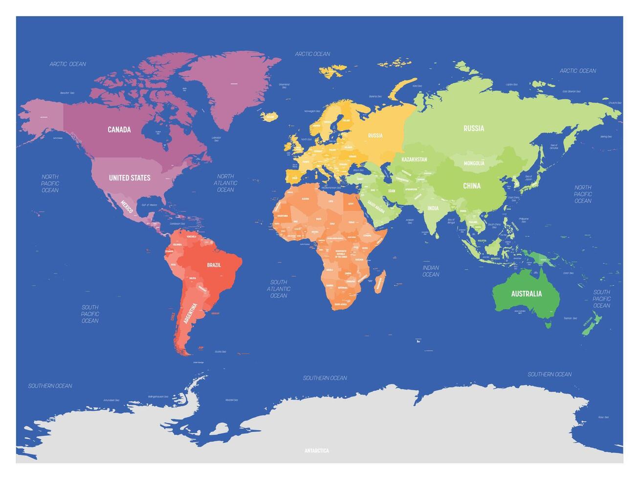 Colorful political map of World divided into six continents on dark blue background. With countries, capital cities, seas and oceans labels. illustration. vector