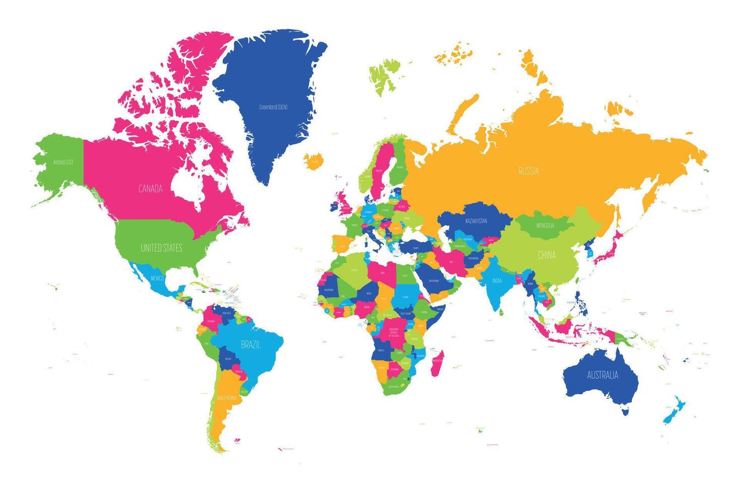 Map of World. Mercator projection. High detailed political map of countries and dependent territories. Simple flat illustration vector