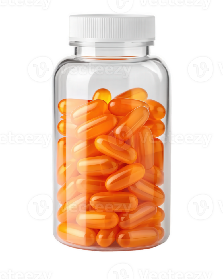 Orange capsules in a glass jar png