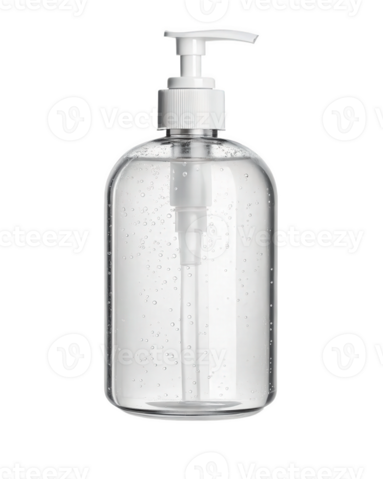 A clear plastic bottle with a white pump png