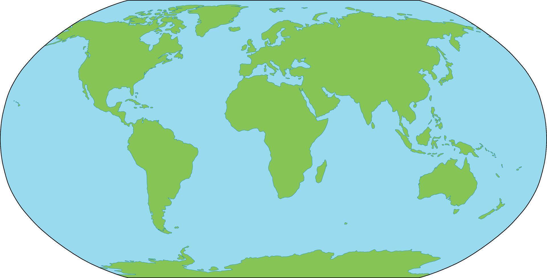World map silhouette. Robinson Projection. Green continents and blue oceans. Simple flat map. vector
