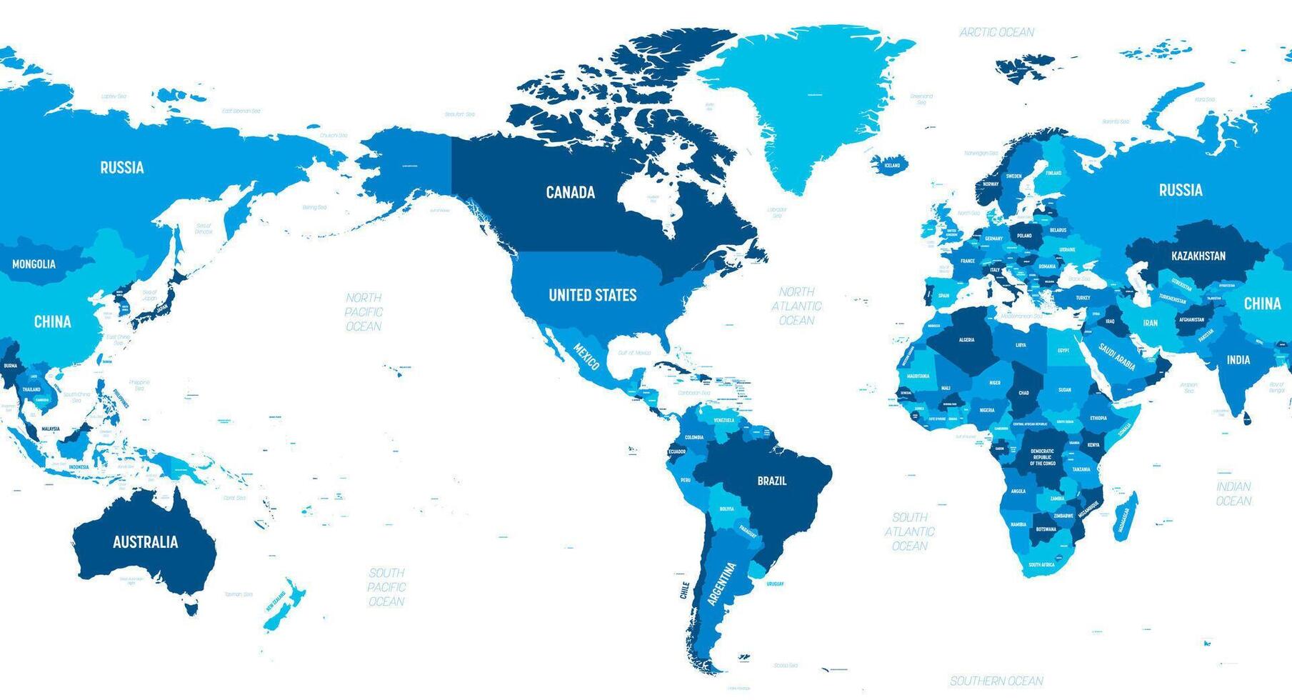 World map - America centered. Blue hue colored on dark background. High detailed political map of World with country, capital, ocean and sea names labeling. vector