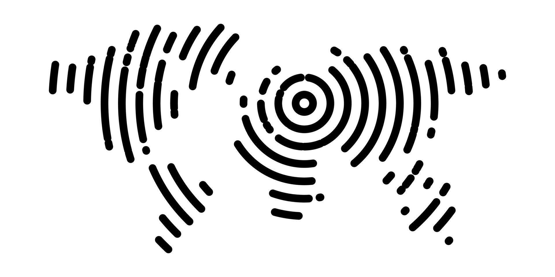 World map modern design. Pattern of black concentric circle stripes with rounded edges. Global communication, broadcasting or epicenter theme. Simple flat illustration. vector