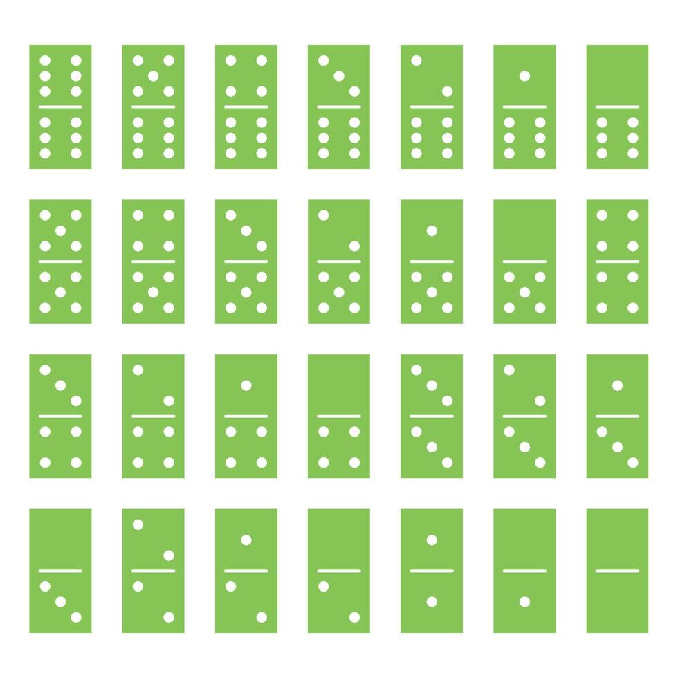 Domino set of 28 tiles. Green pieces with white dots. Simple flat illustration. vector