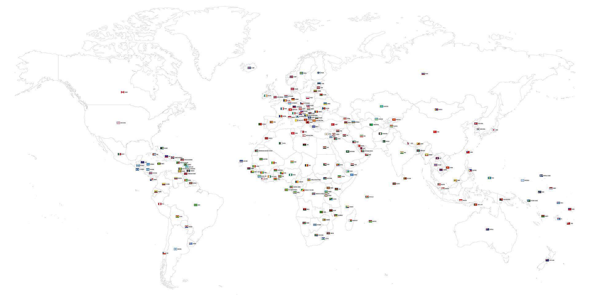 Map of World with flags. Each sovereign country with own name label and national flag in uniform ratio. map with thin black outline borders. vector