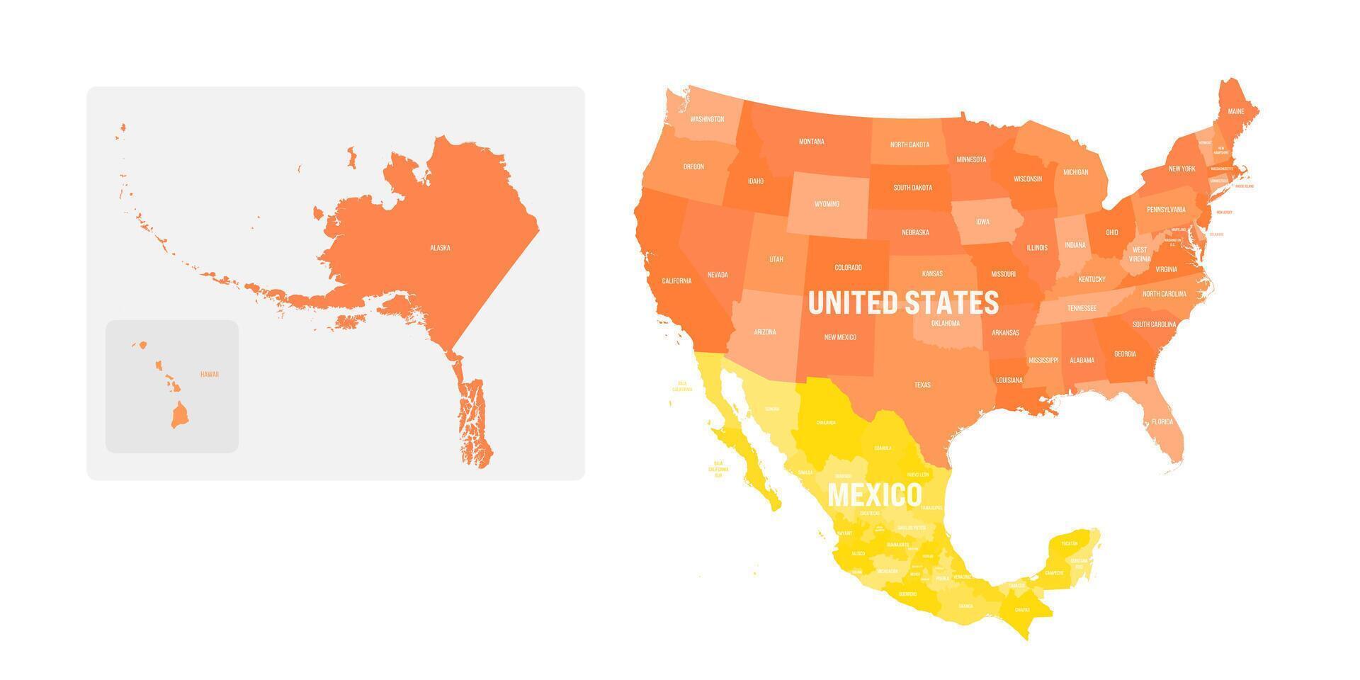 Political map of United States and Mexico with administrative divisions. Colorful map with countries and states name labels. illustration vector